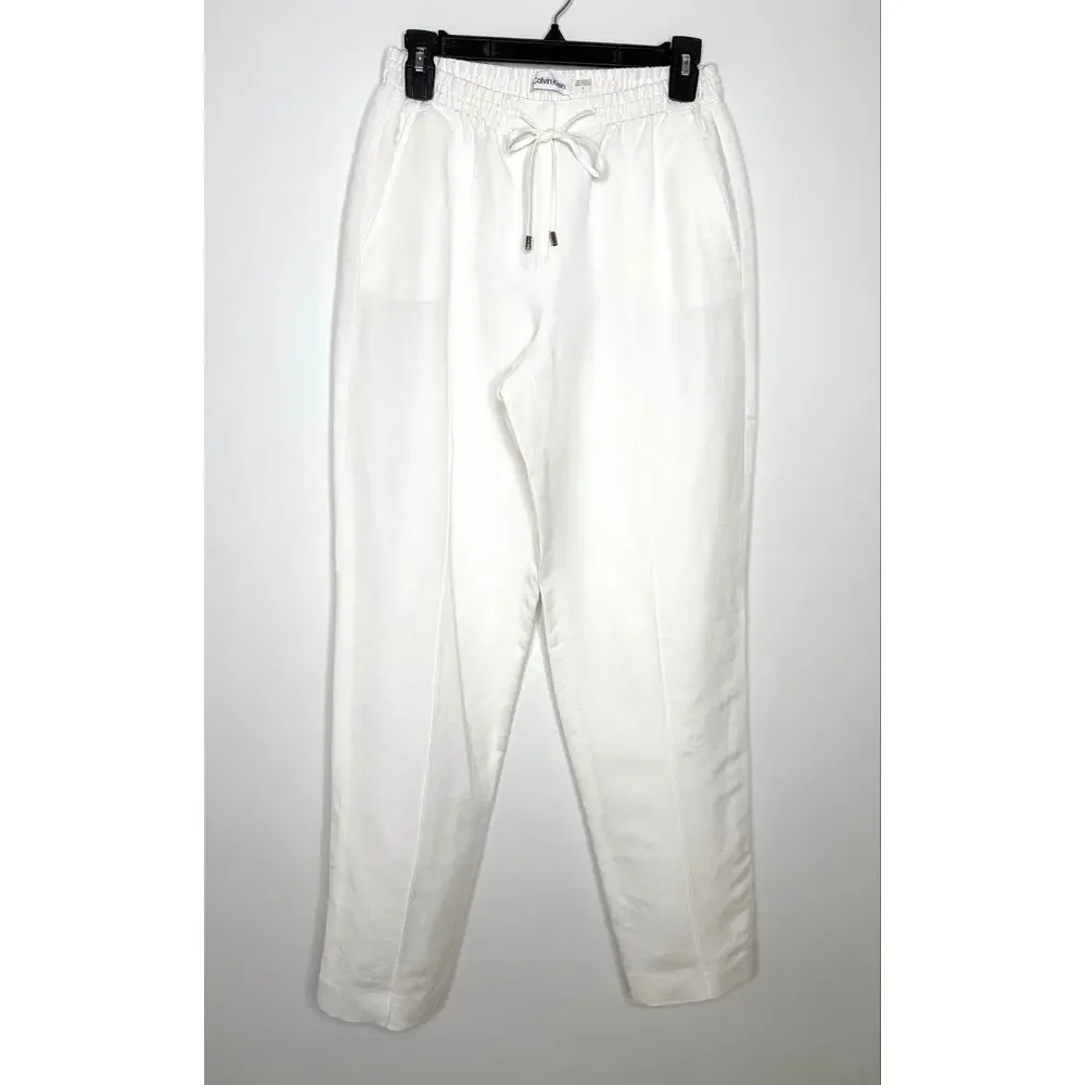 Calvin Klein Linen Blend Pants Sz 4 Drawstring Lined Beach Coastal Prep Minimal